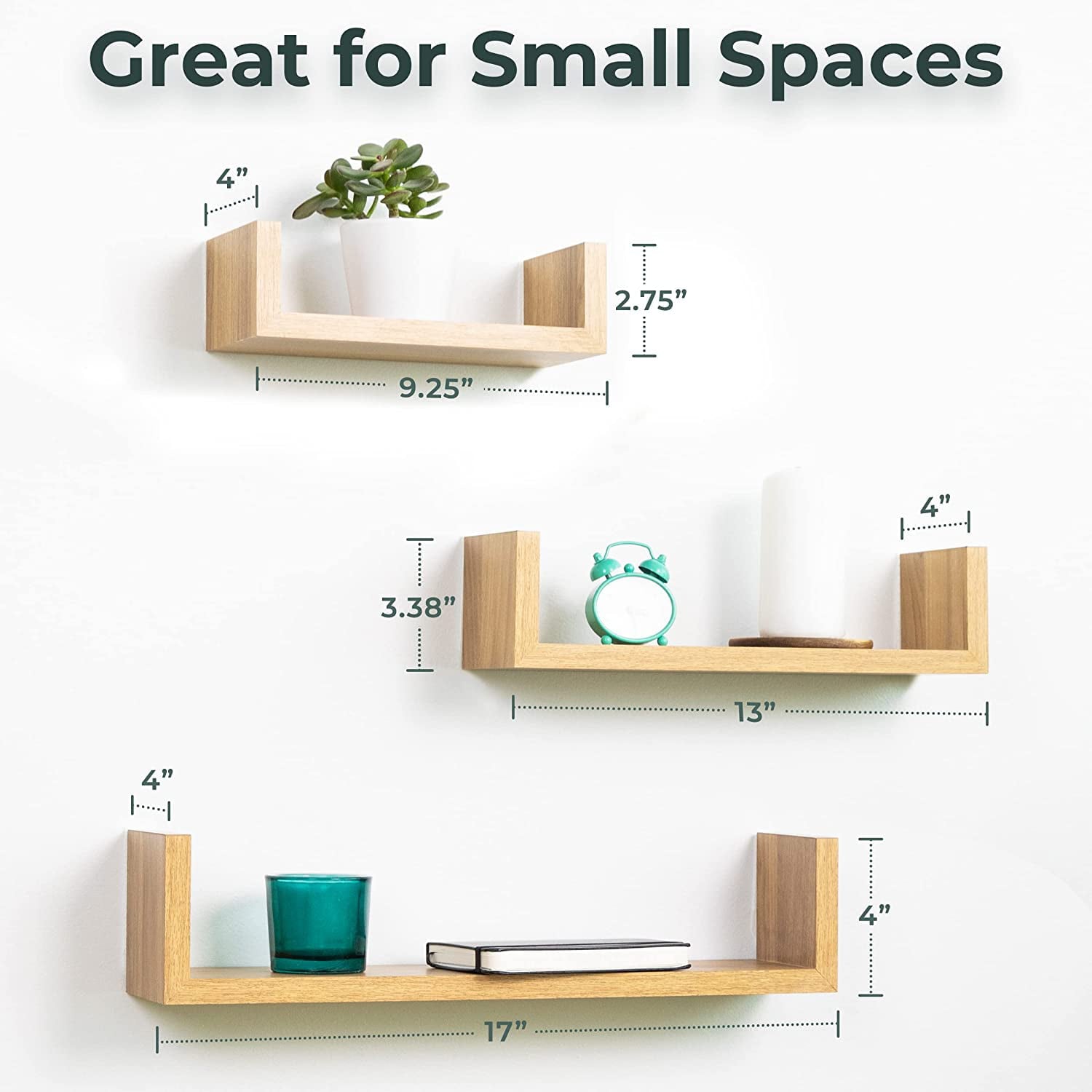 Greenco Set of 3 Floating U Shelves, Natural Finish Floating Storage Shelves for Wall - Wall Shelf Mount Sets