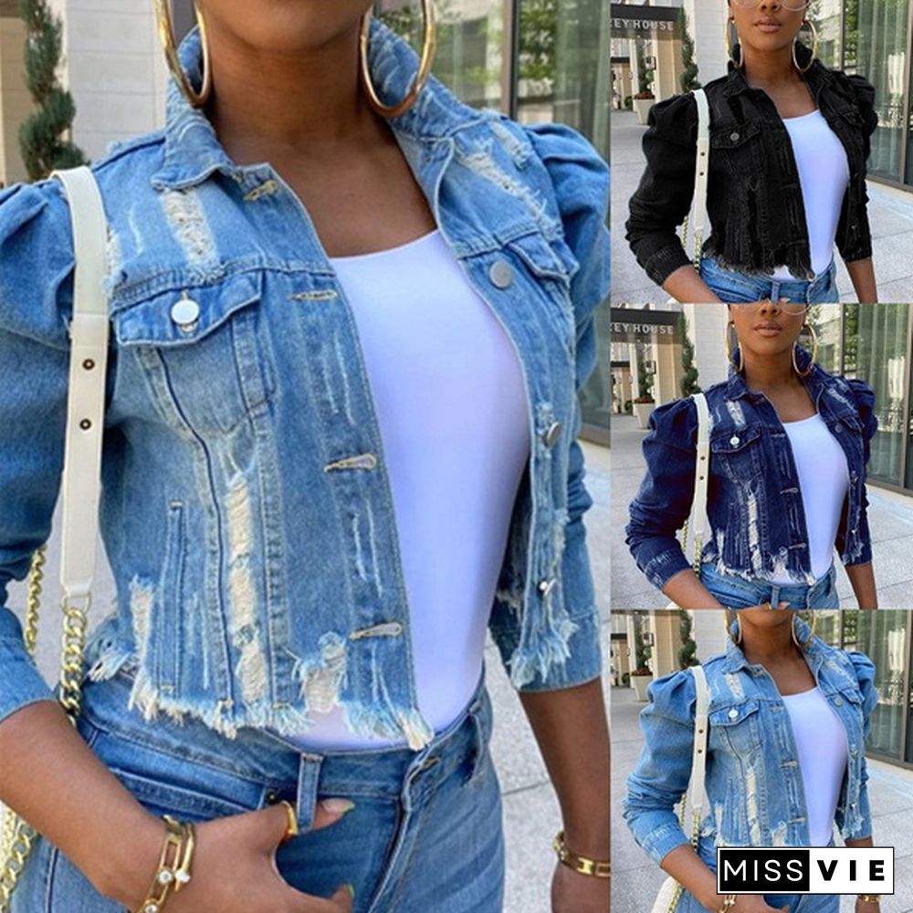 Women Ripped Denim Jackets Vintage Casual Short Jean Jacket Puff Sleeve Female Coat Streetwear