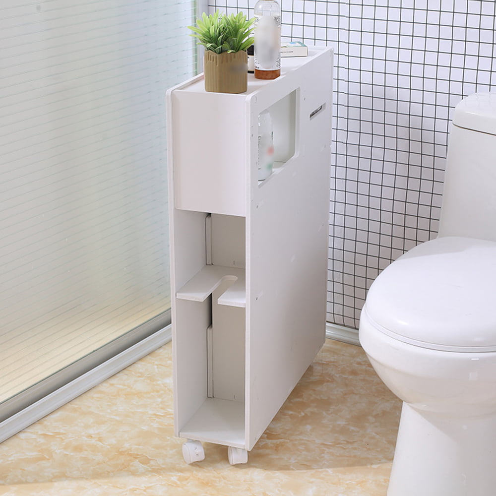 ANQIDI Toilet Side Cabinet, PVC White Low Cabinet Movable Narrow Cabinet Floor-To-Ceiling Bathroom Cabinet 20.5*6.4*29.5 In