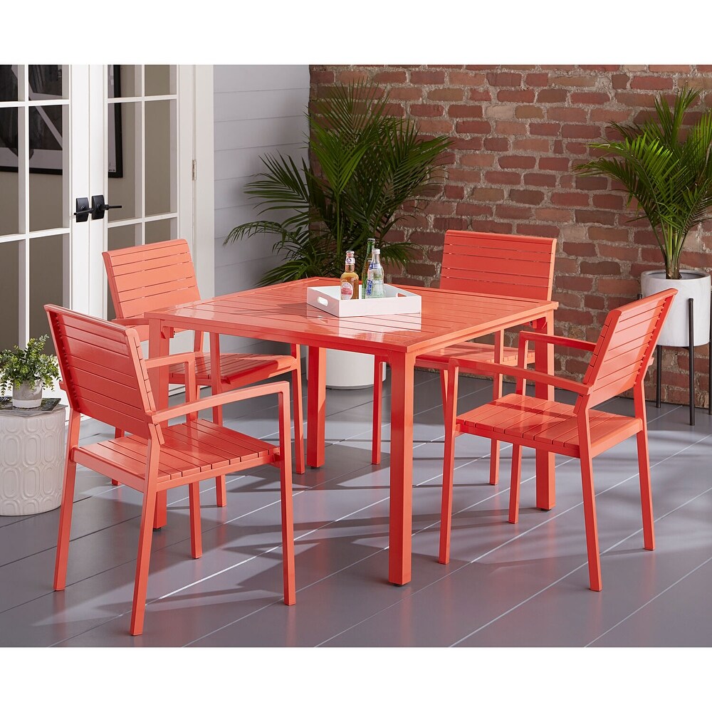 Mod Luna 5 Piece Patio Dining Set in Coral with 4 Slat Dining Chairs and 41 in. Slat Dining Table