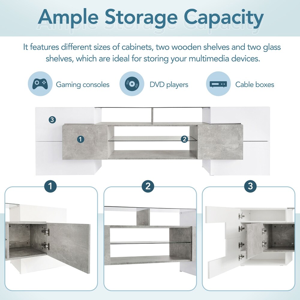 High Gloss TV Stand with 2 Illuminated Glass Shelves and Storage Cabinets  Entertainment Center with LED Lights for 80\