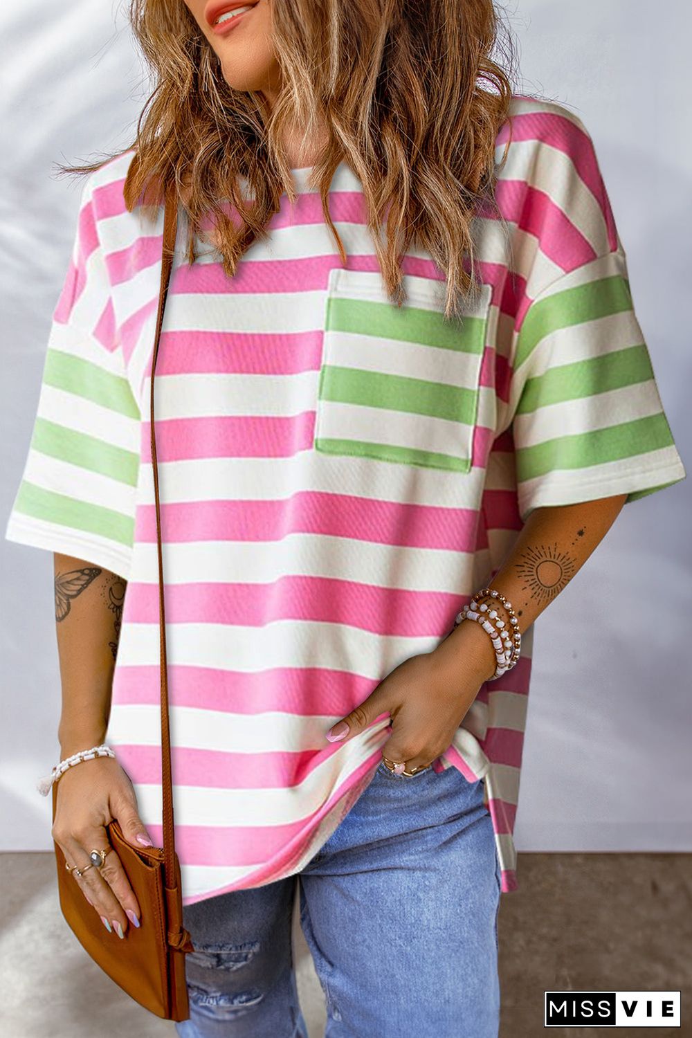 Pink Stripe Contrast Patch Pocket Drop Sleeve T Shirt