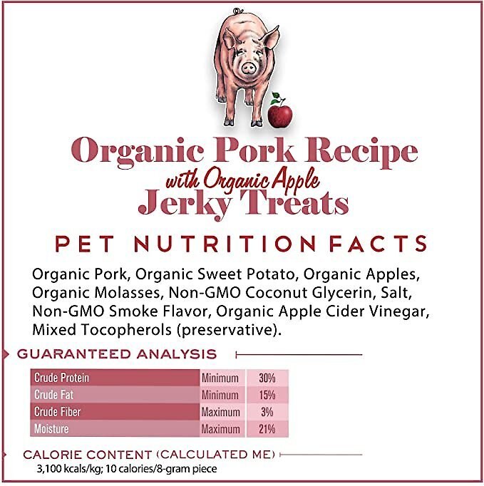 Tender and True Organic Pork Recipe with Organic Apple Jerky Dog Treats， 4-oz bag