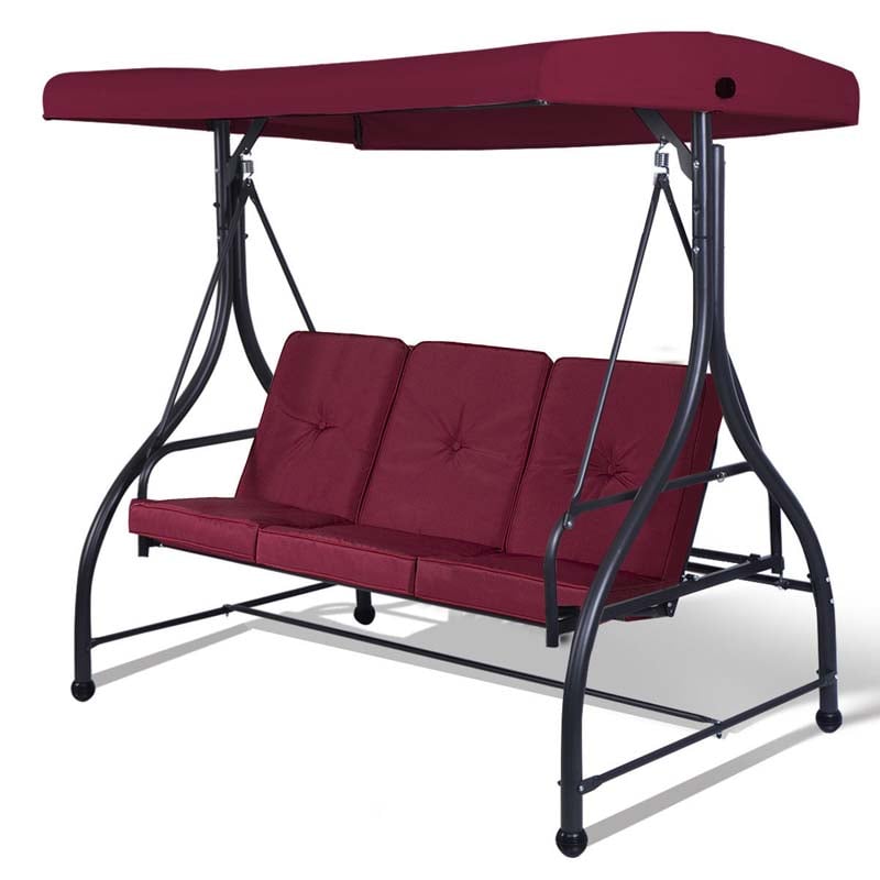 3-Seater Cushioned Metal Porch Swing with Adjustable Tilt Canopy, 2-in-1 Convertible Outdoor Patio Swing Chair Glider