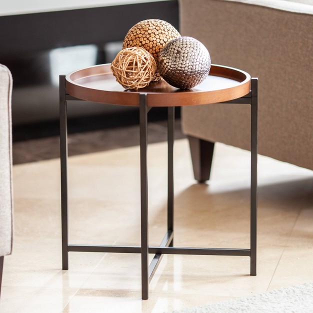 Mid century Modern Round Side Table With Removable Wood Tray Brown Danya B