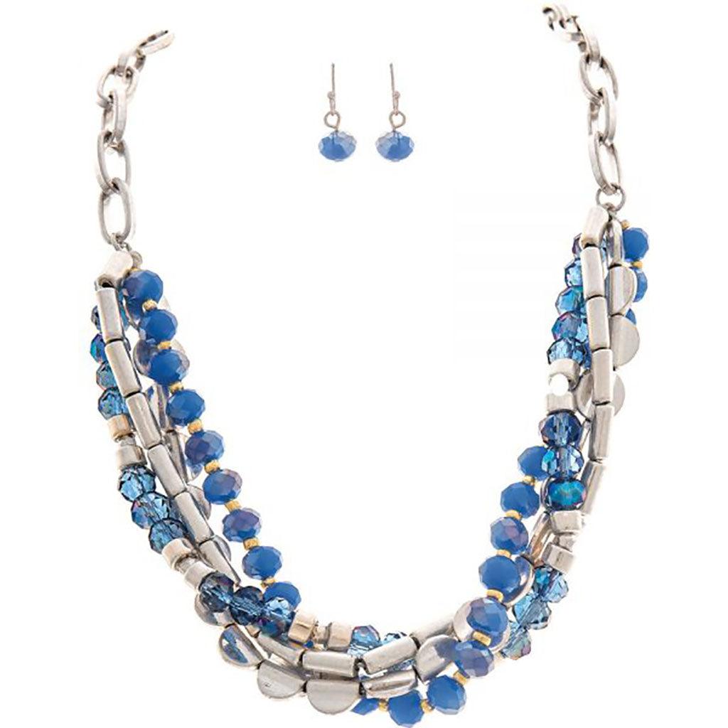 Rain  Blue Four Row Faceted Bead Necklace Set