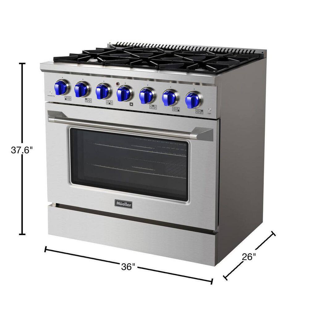 MUELLER 36 in. 5.2 cu. ft. Freestanding Gas Range with 6 Burners and Convection Oven in Stainless Steel with Blue Knobs GR-600B