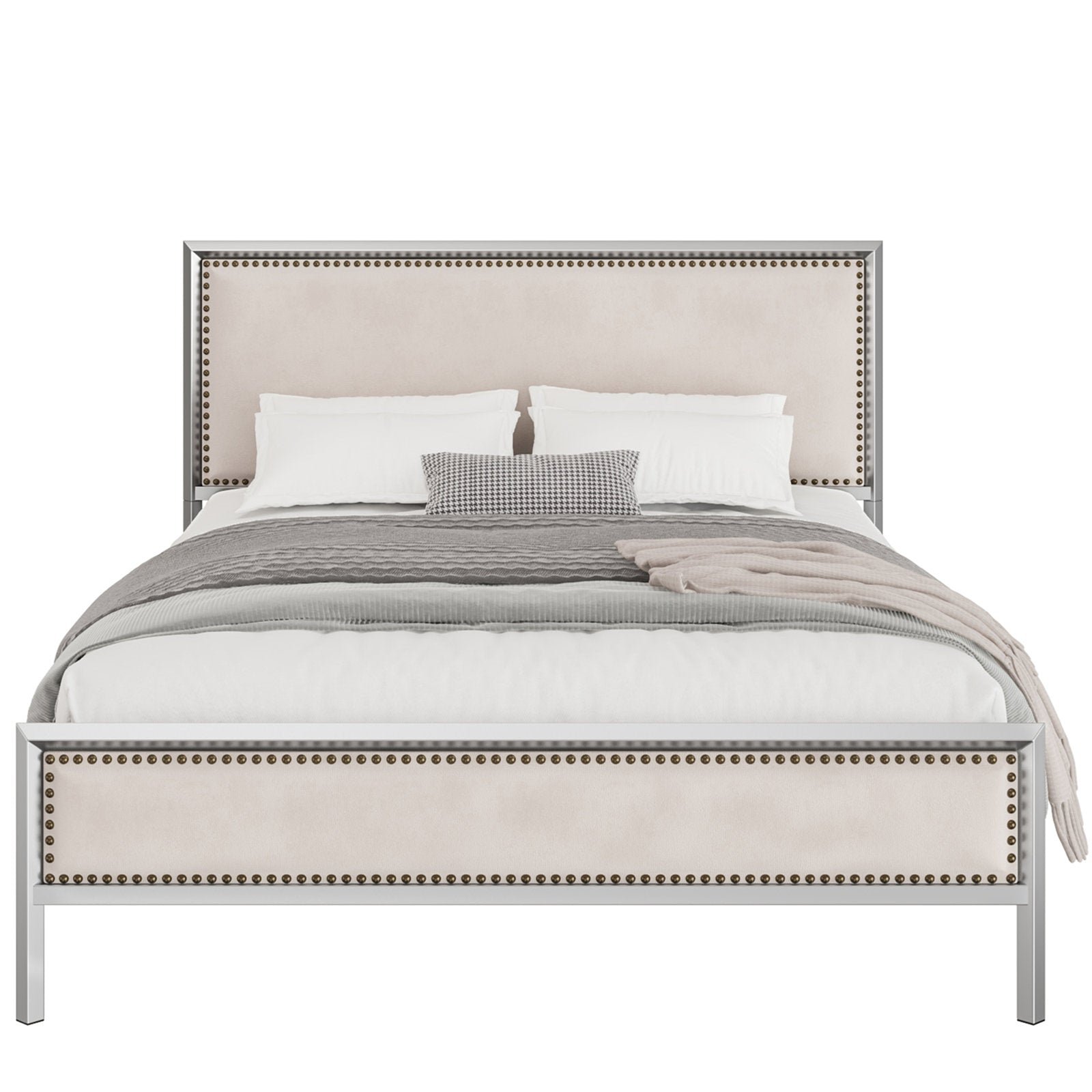 Homfa Queen Size Bed Frame, Modern Metal Framed Bed with Button Linen Tufted Upholstered Headboard, Wooden Slat Support, Sliver