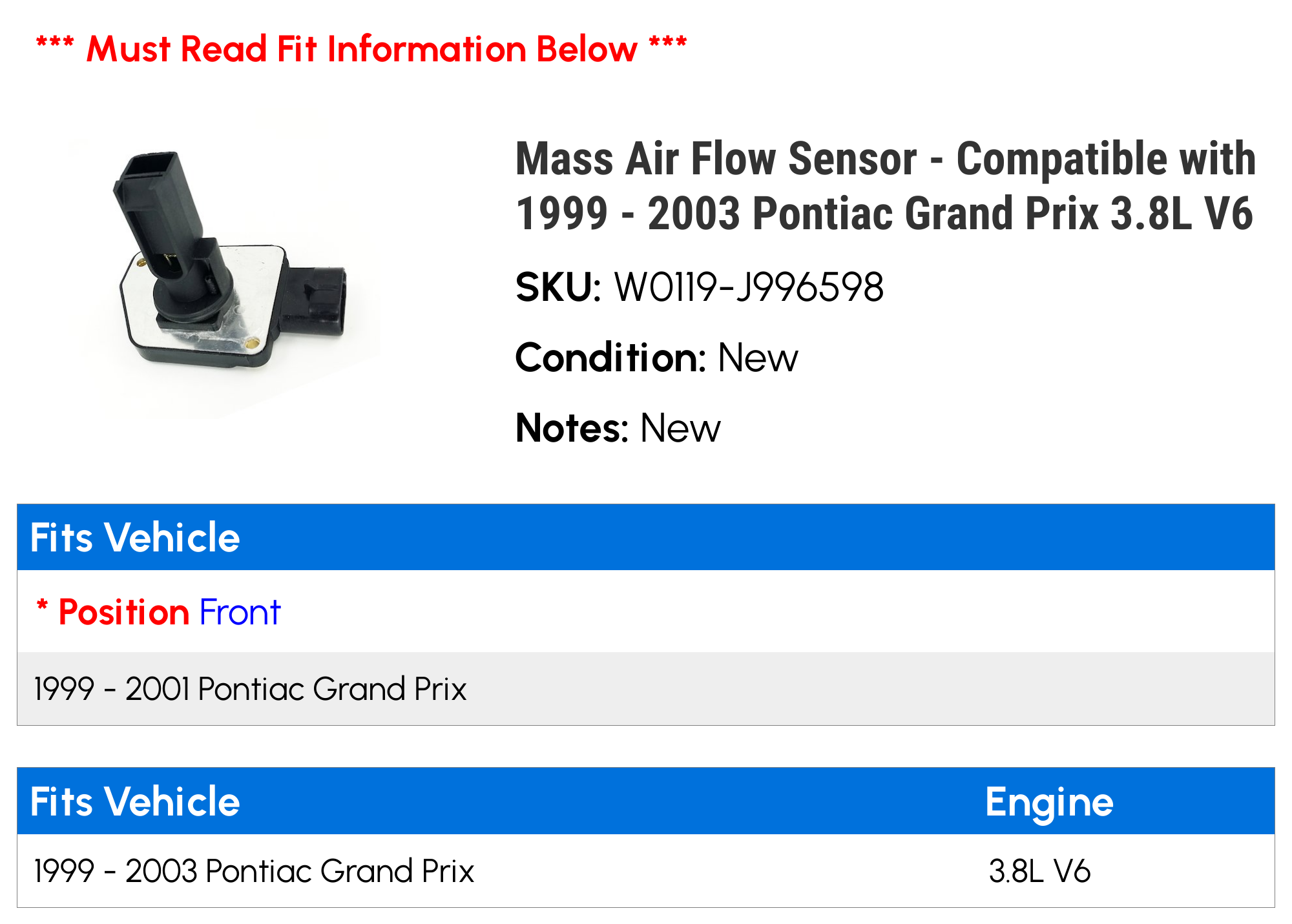 Mass Air Flow Sensor - Compatible with 1999 - 2003 Pontiac Grand Prix 3.8L V6 2000 2001 2002