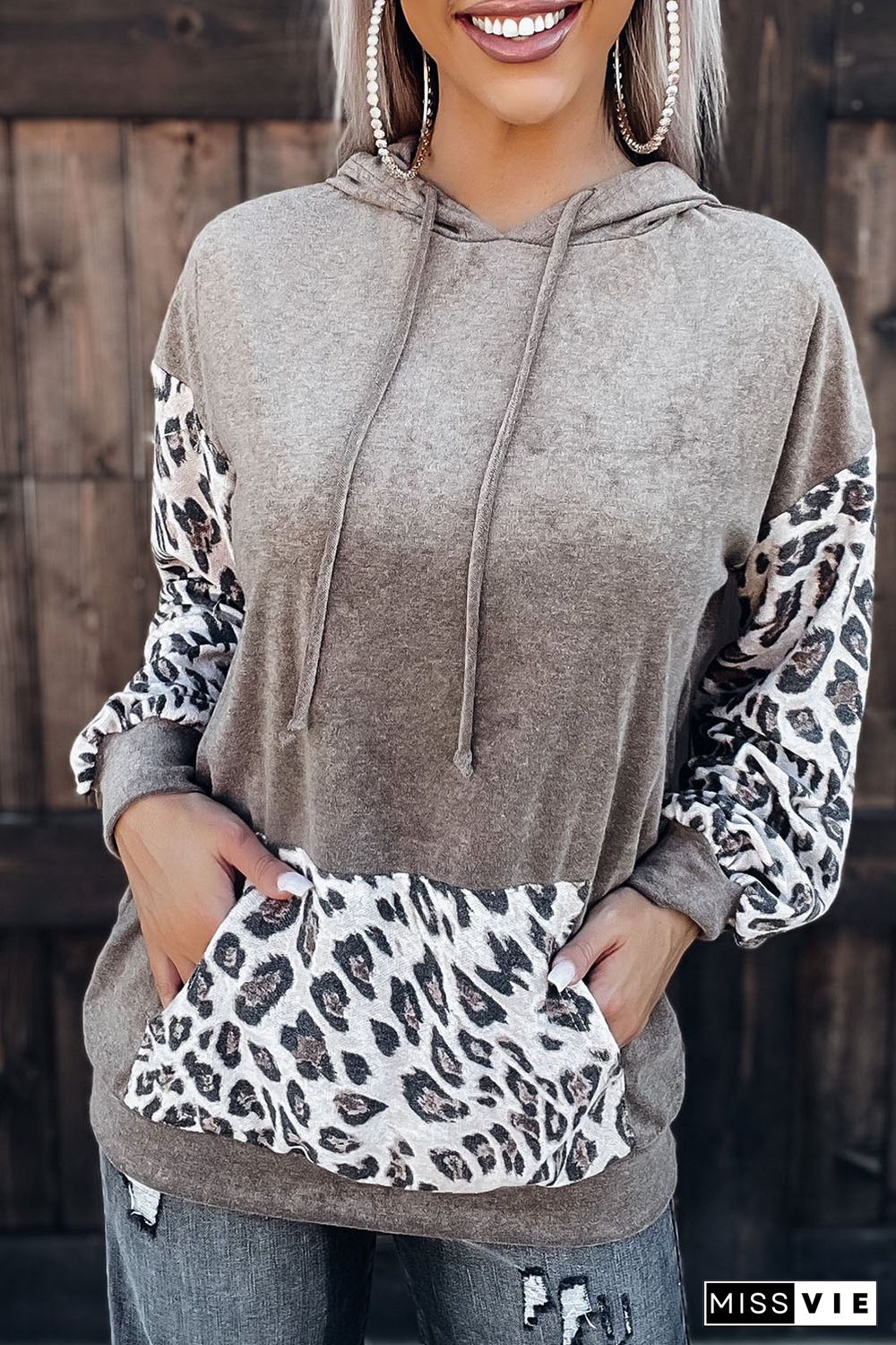 Leopard Patchwork Hooded Sweatshirt with Kangaroo Pocket