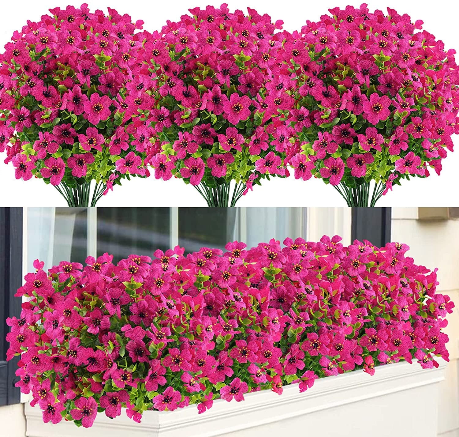 Sinhoon 12 Bundles Artificial Flowers UV Resistant Fake Plants Outdoor Faux Plastic Flowers Garden Window Box Porch Home Decor (Rosy Red)