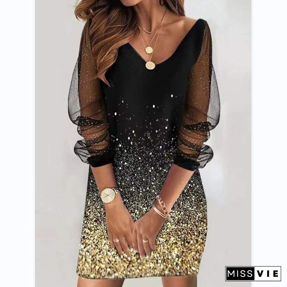 Sequin Sheer Mesh Ladies Dress Women Sexy V Neck Long Sleeve Bodycon Dress Paty Night Clubwear Vestidos De Mujer