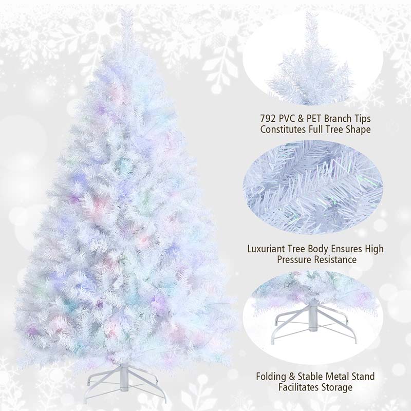 6/7/8FT White Iridescent Hinged Artificial Christmas Tree with 792/1156/1636 Branch Tips & Metal Stand