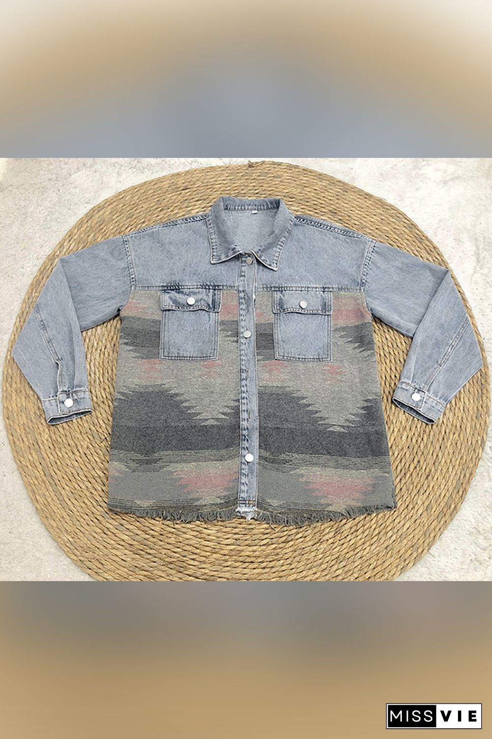 Aztec Splicing Buttons Up Denim Jacket Shacket Wholesale