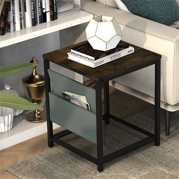 Rustic Small Side Table with Storage Bag and Rack