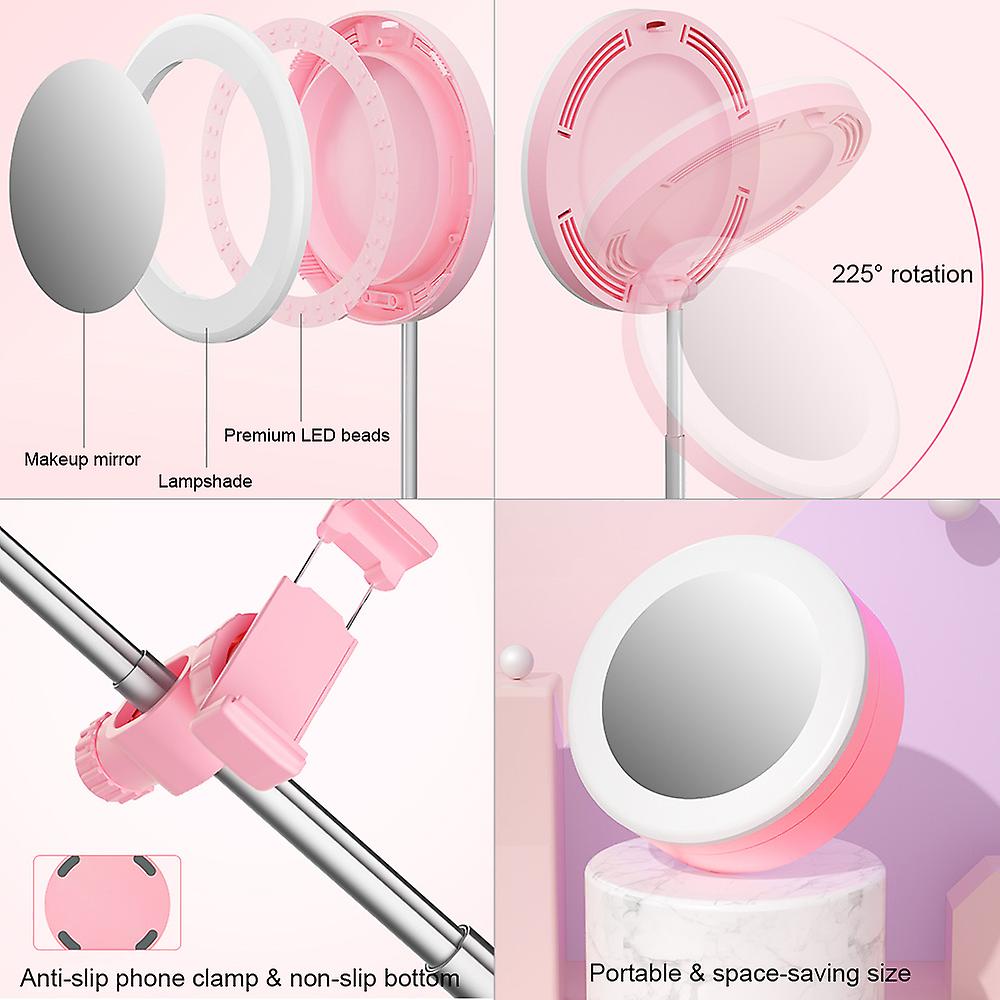 Portable Led Ring Light Foldable Desk Circle Lamp Dimmable Fill Light With Makeup Mirror Phone Holder 3 Color Modes and 10 Brightness For Selfie Video R