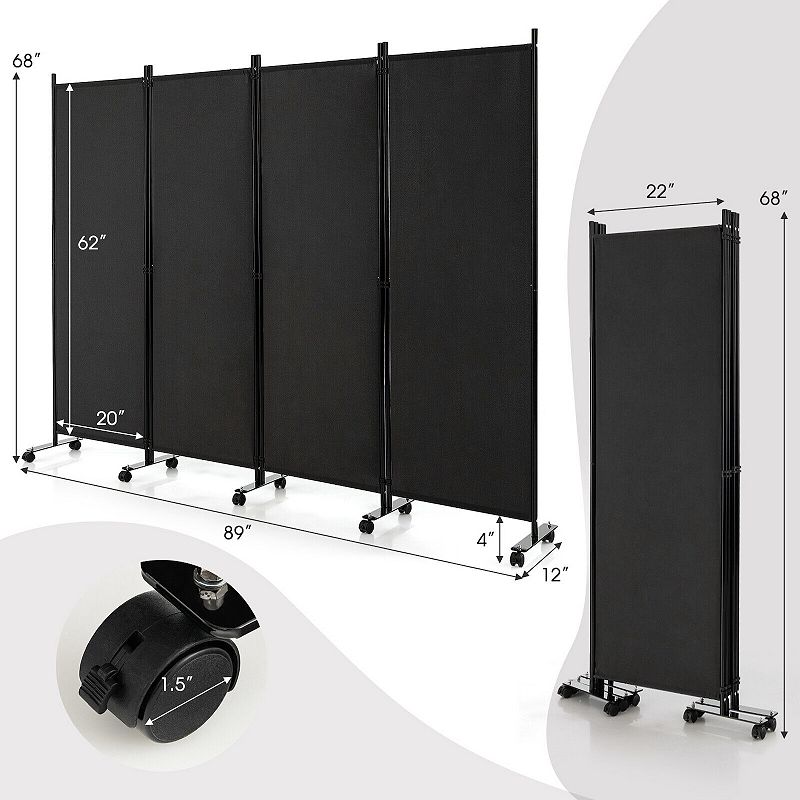 4-Panel Folding Room Divider 6 Feet Rolling Privacy Screen with Lockable Wheels