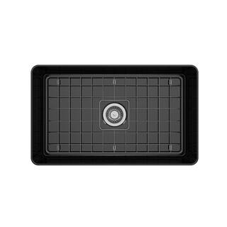 BOCCHI Aderci Black Fireclay 30 in. Single Bowl Ultra-Slim Farmhouse Apron Front Kitchen Sink with Grid and Strainer 1481-005-0120