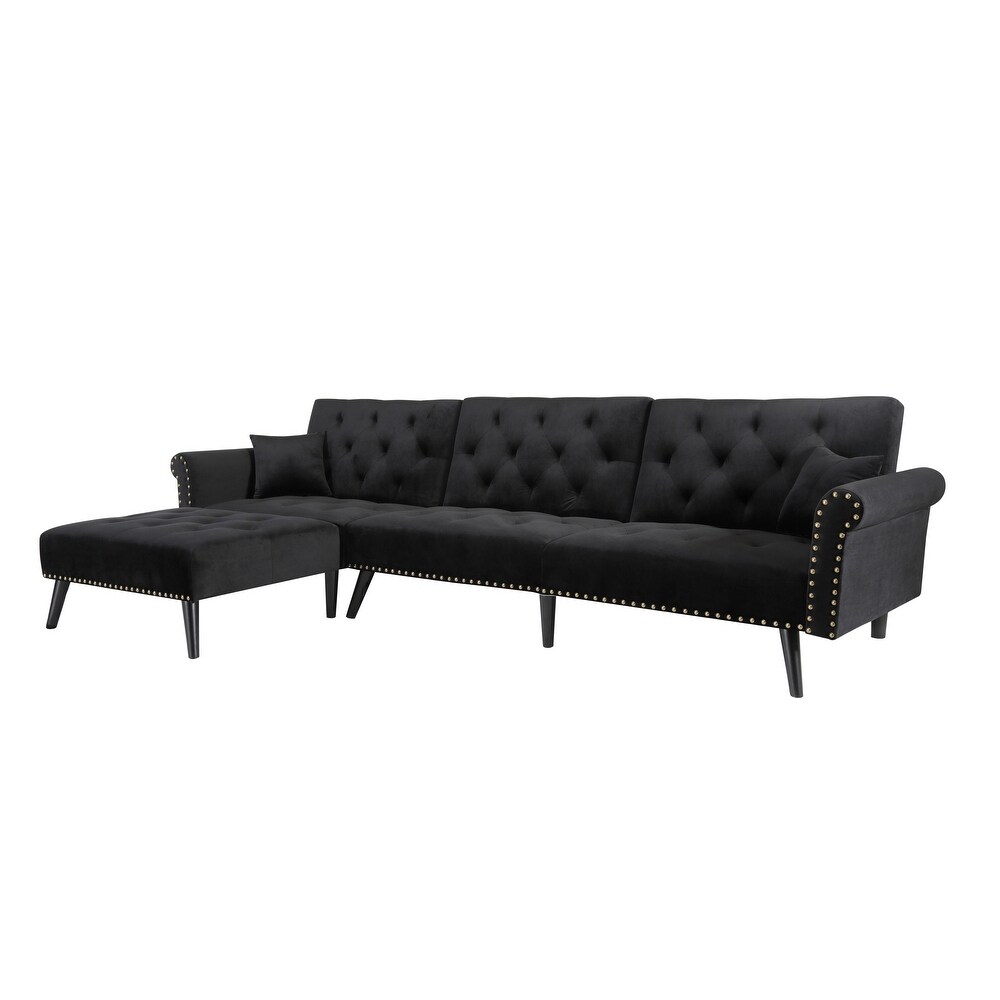 L Shape Velvet Sectional Sofa with 2 Pillows  Button Tufted Nails Convertible Sleeper