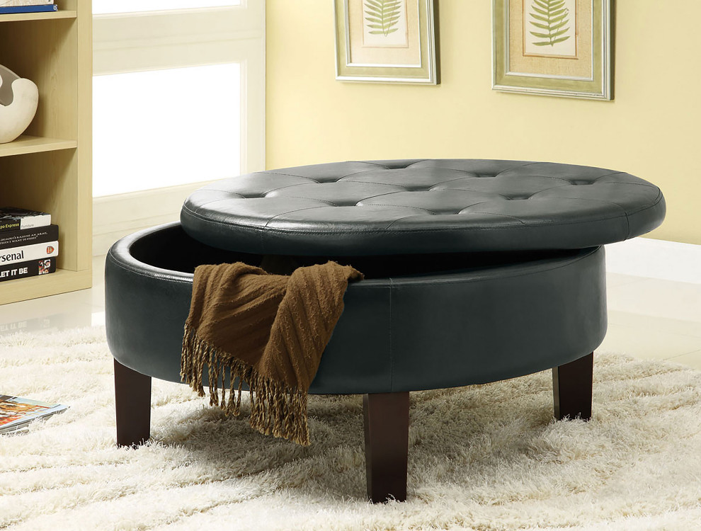 Reginald Round Tufted Upholstered Storage Ottoman Dark Brown   Modern   Footstools And Ottomans   by Modon  Houzz