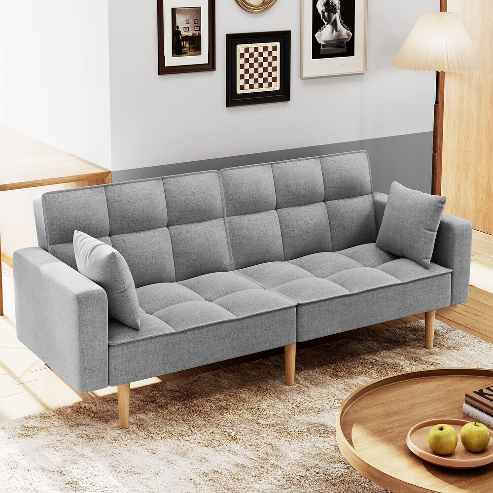 Linen Couches Upholstered Futon Sofa Bed with Thicken Wood Legs