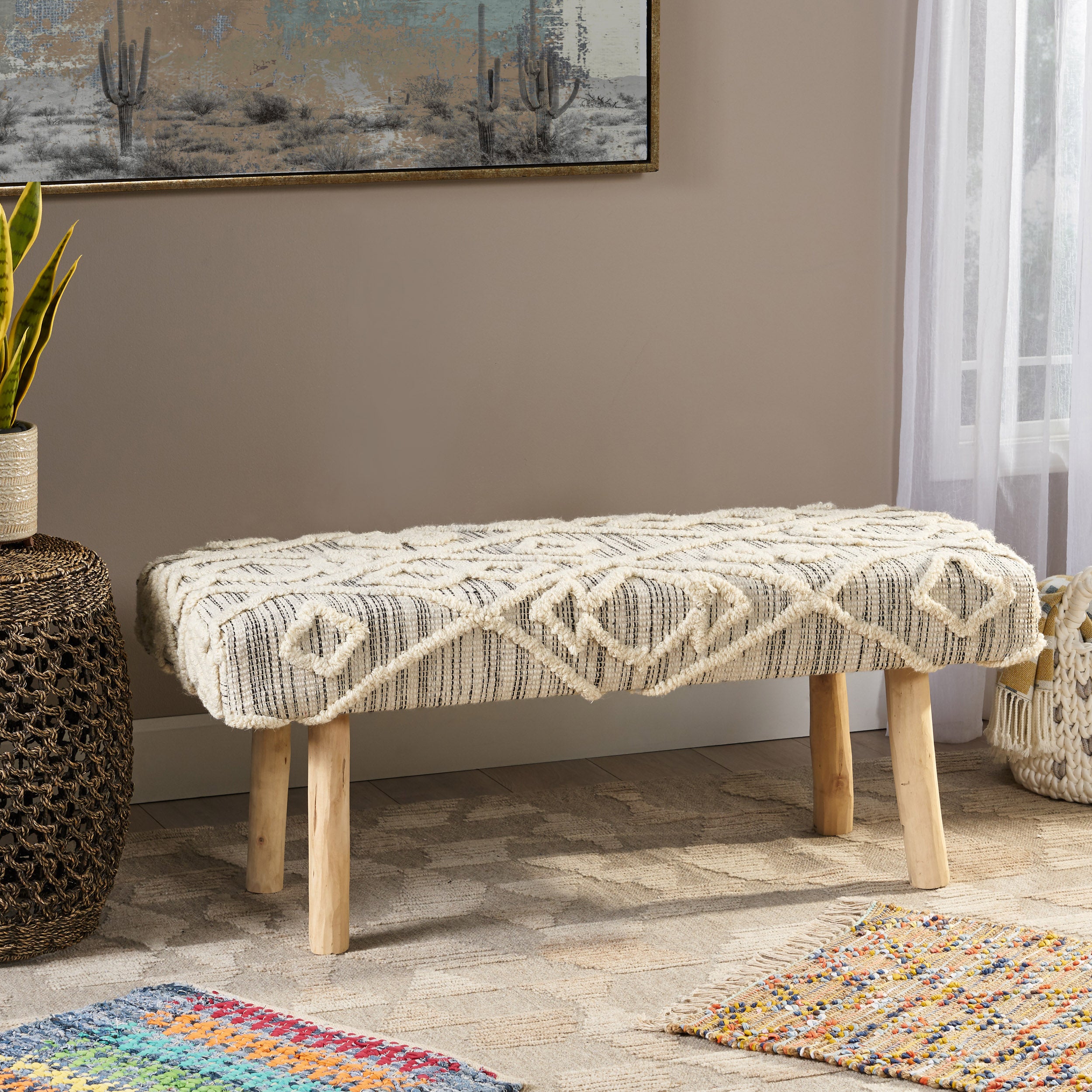 Carrera Handcrafted Boho Rectangular Wool & Fabric Bench