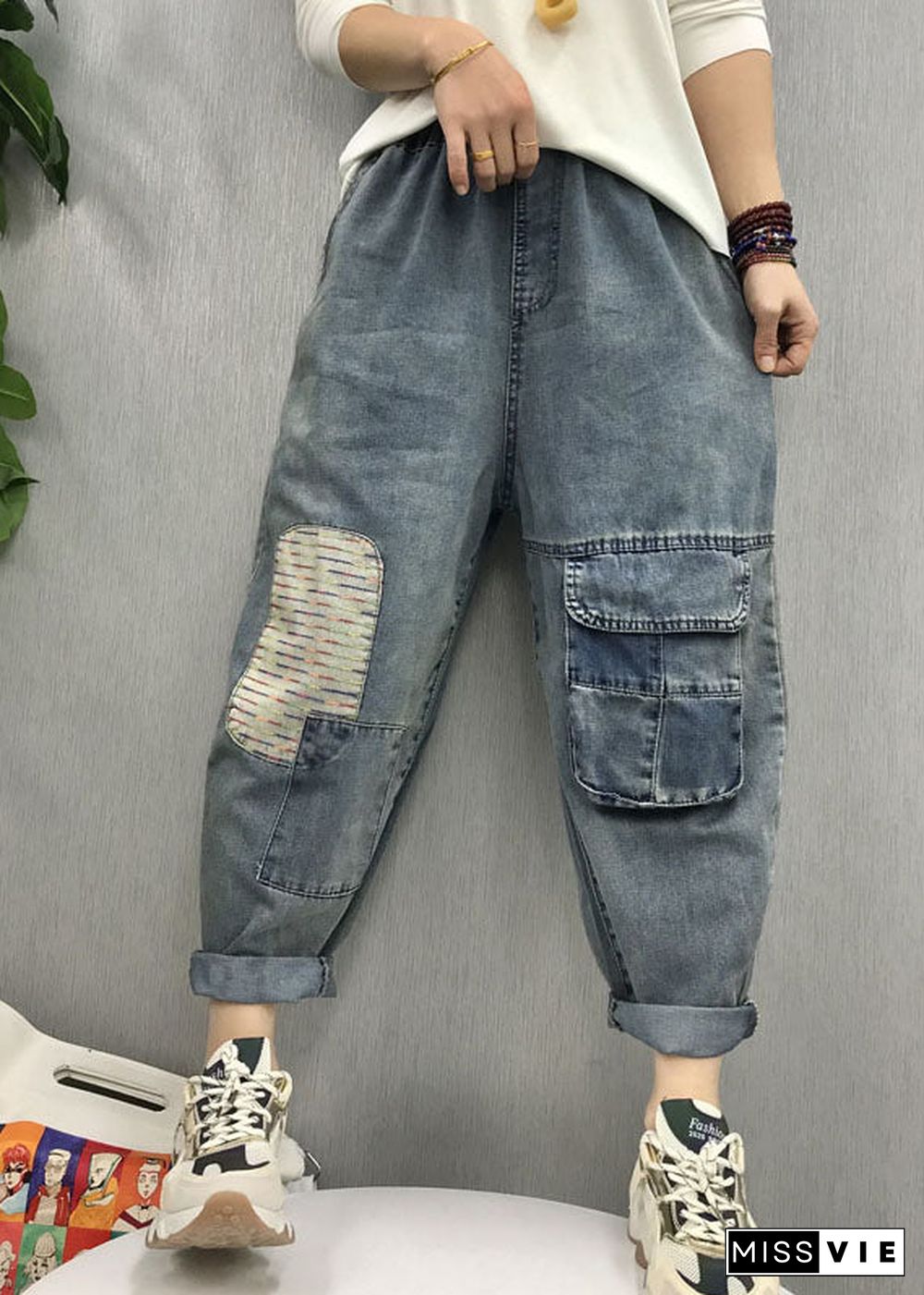 Bohemian Blue elastic waist patch applique denim Pants Spring