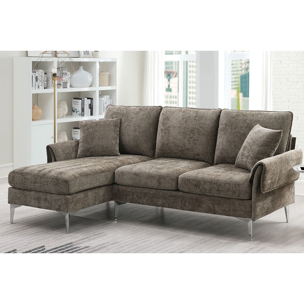 L Shaped Sofa Set Chenille Reclining Loveseat w/ 2 Pillows  Espresso