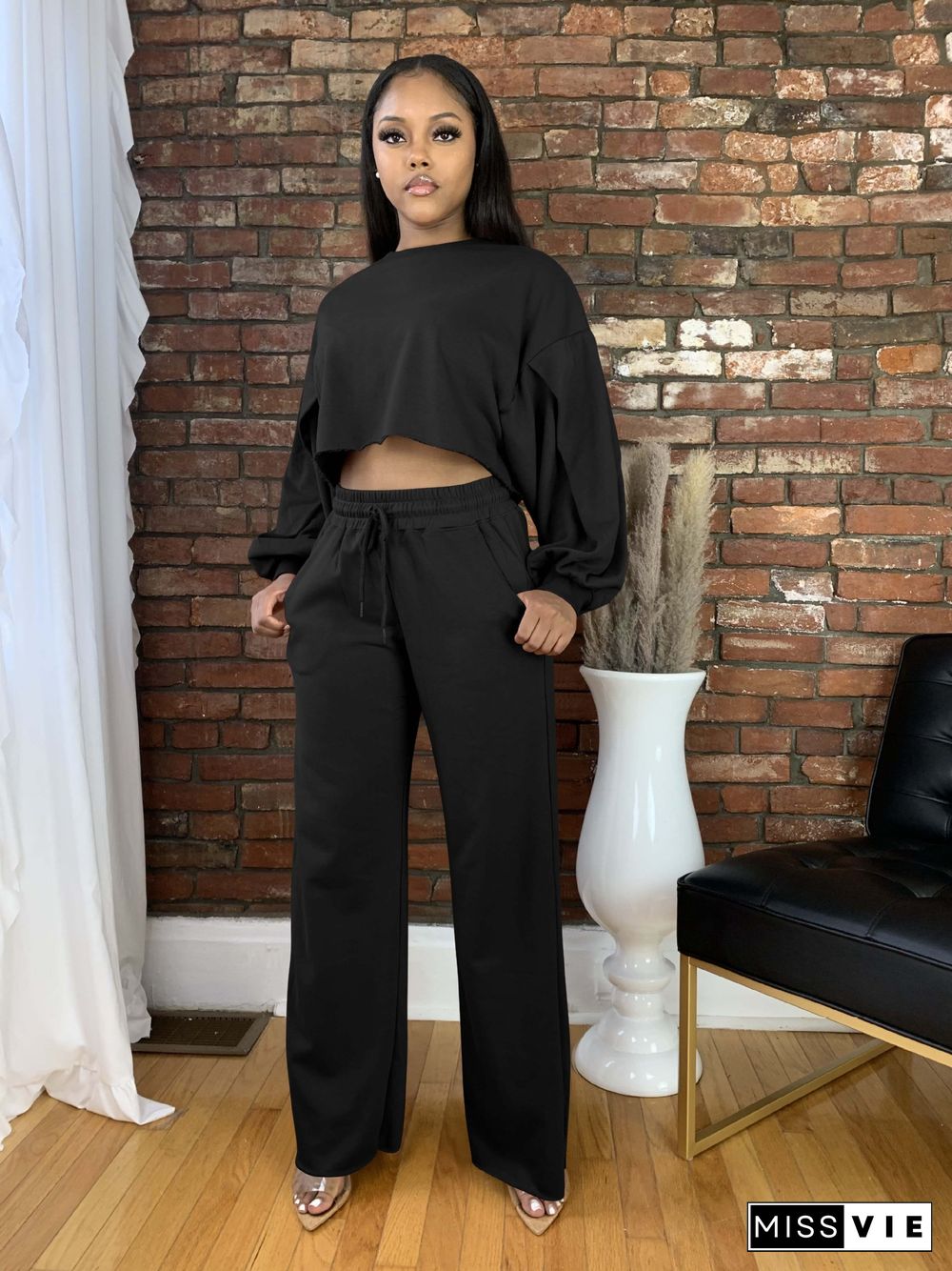 Long Sleeve Crop Top Drawstring Wide Leg Pants Set