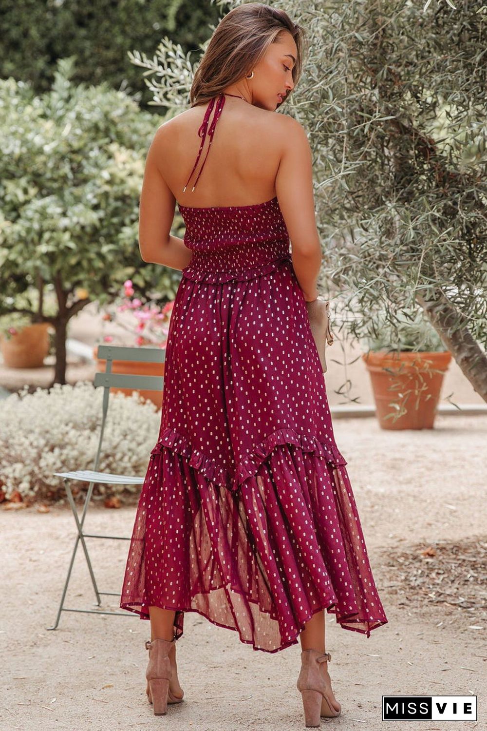 Red Polka Dot Print Ruffled Halter Neck Backless Long Dress