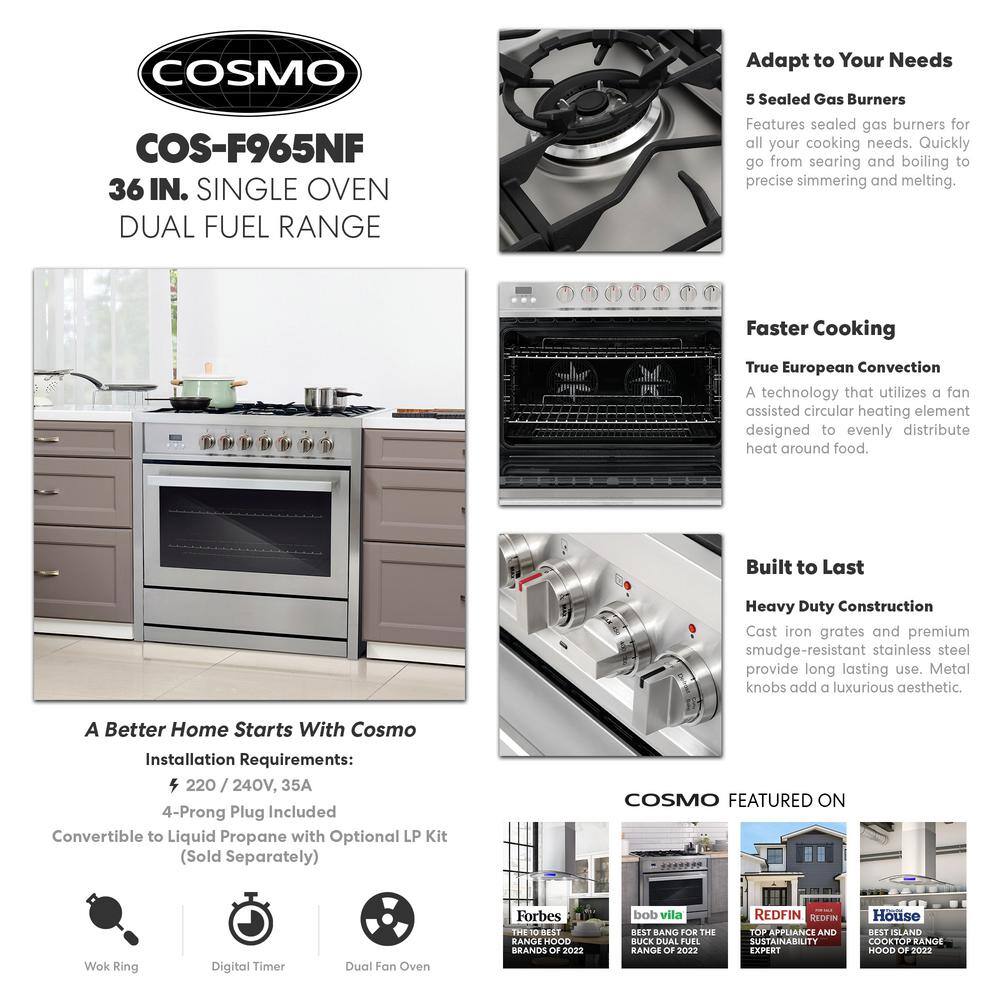 Cosmo Commercial-Style 36 in. 3.8 cu. ft. Single Oven Dual Fuel Range with 8 Function Convection Oven in Stainless Steel COS-F965NF