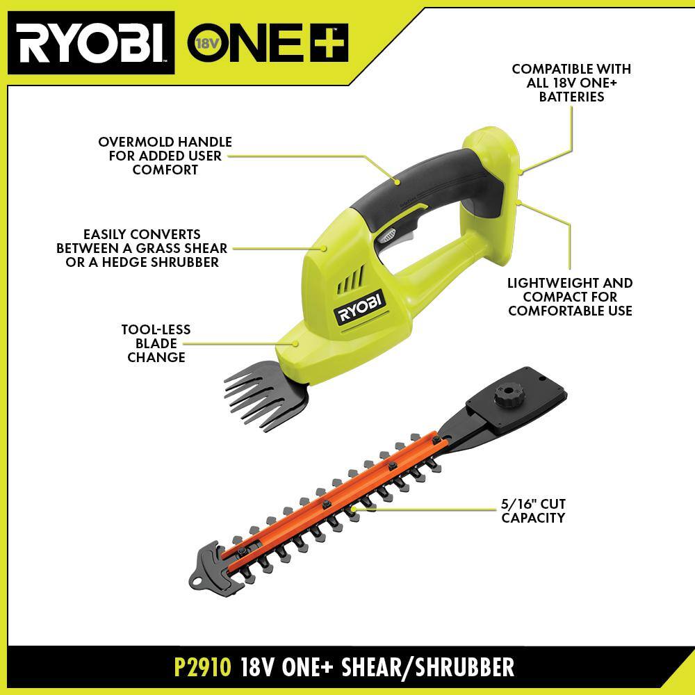 RYOBI ONE+ 18V Cordless Battery Grass Shear and Shrubber Trimmer with 1.3 Ah Battery and Charger P2910