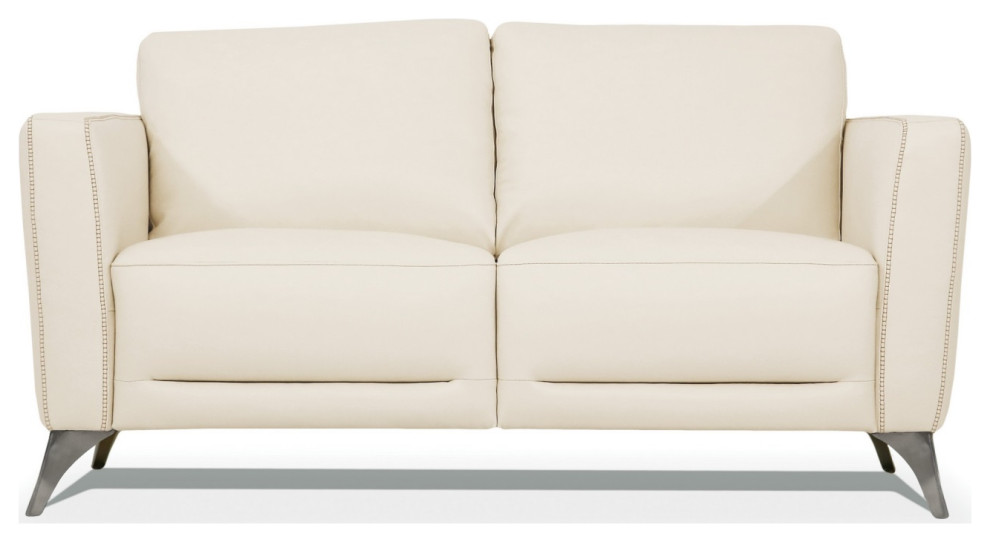 Leather Upholstered Loveseat With Track Arms And Angled Metal Feet  Cream   Contemporary   Loveseats   by VirVentures  Houzz