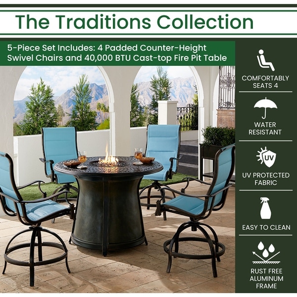 Hanover Traditions 5Piece HighDining Set in Blue with 4 Padded CounterHeight Swivel Chairs and 40，000 BTU Fire Pit Table