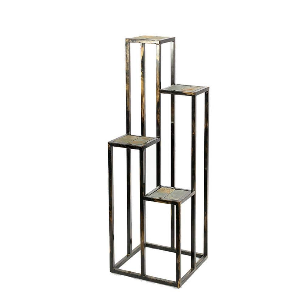 Benjara 48 in. Black and Gold Square Stone Plant Stand with 4-Tier BM216737