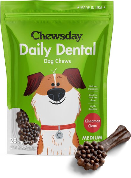 Chewsday Cinnamon Clean Daily Dental Dog Dental Treats， 28 count， Medium