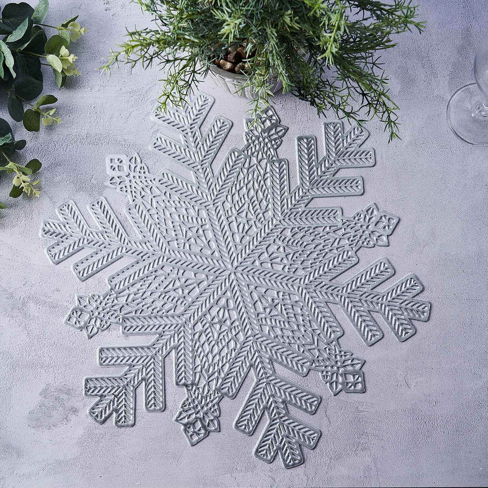 6 Pack Silver Metallic Snowflake Vinyl Placemats, Non-Slip Winter Wonderland Table Mats 18