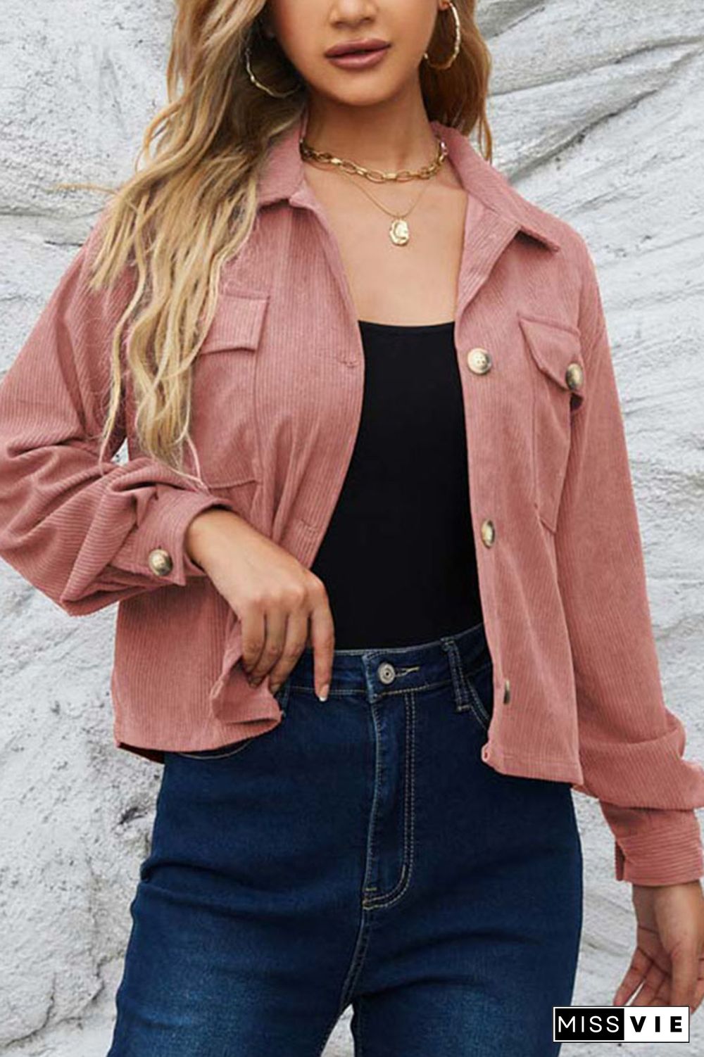 Plain Pockets Button Corduroy Crop Jacket