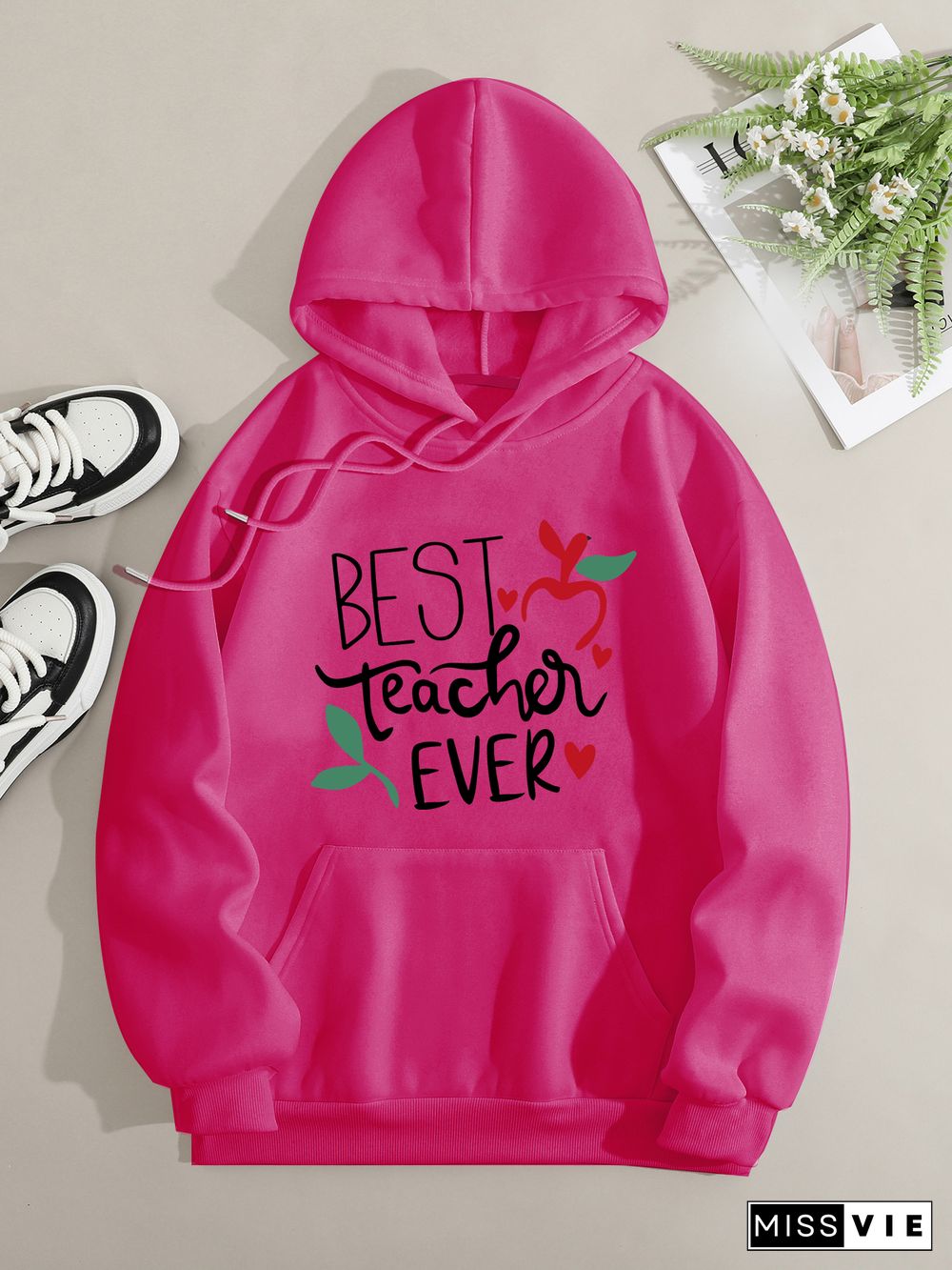 Printed on front Kangaroo Pocket Hoodie Long Sleeve for Women Pattern Best teacher ever