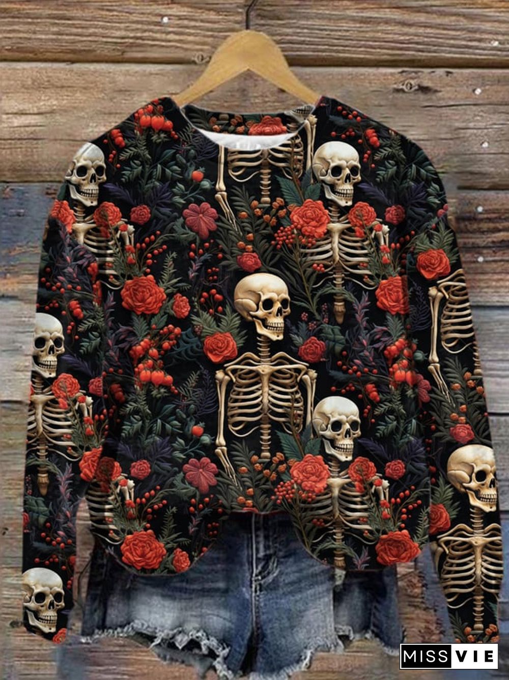 Women's 3D Floral Skull Print Casual Sweatshirt