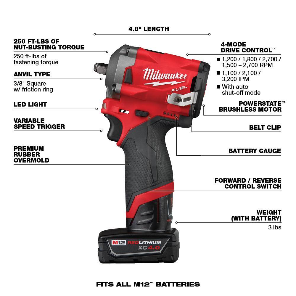 MW M12 FUEL 12V Brushless Cordless Stubby 38 in. Impact Wrench Kit with 38 in. Drive SAEMetric Socket Set (43-Piece) 2554-22-49-66-7009