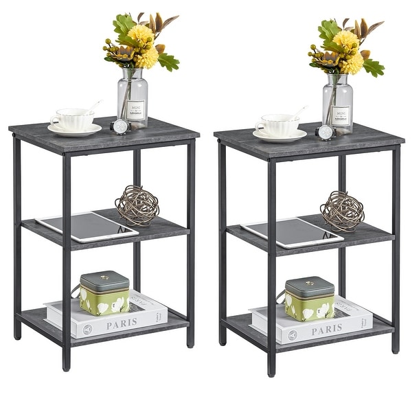 Set of 2 End Table With Wood Storage Shelf， 3-Tier Bedside Sofa Side End Table Storage Display Shelf