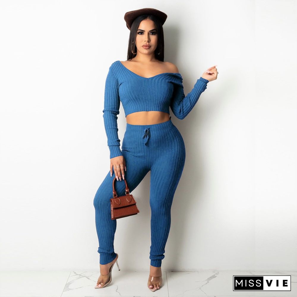 Solid V Neck Crop Top Lace Up Pants Set