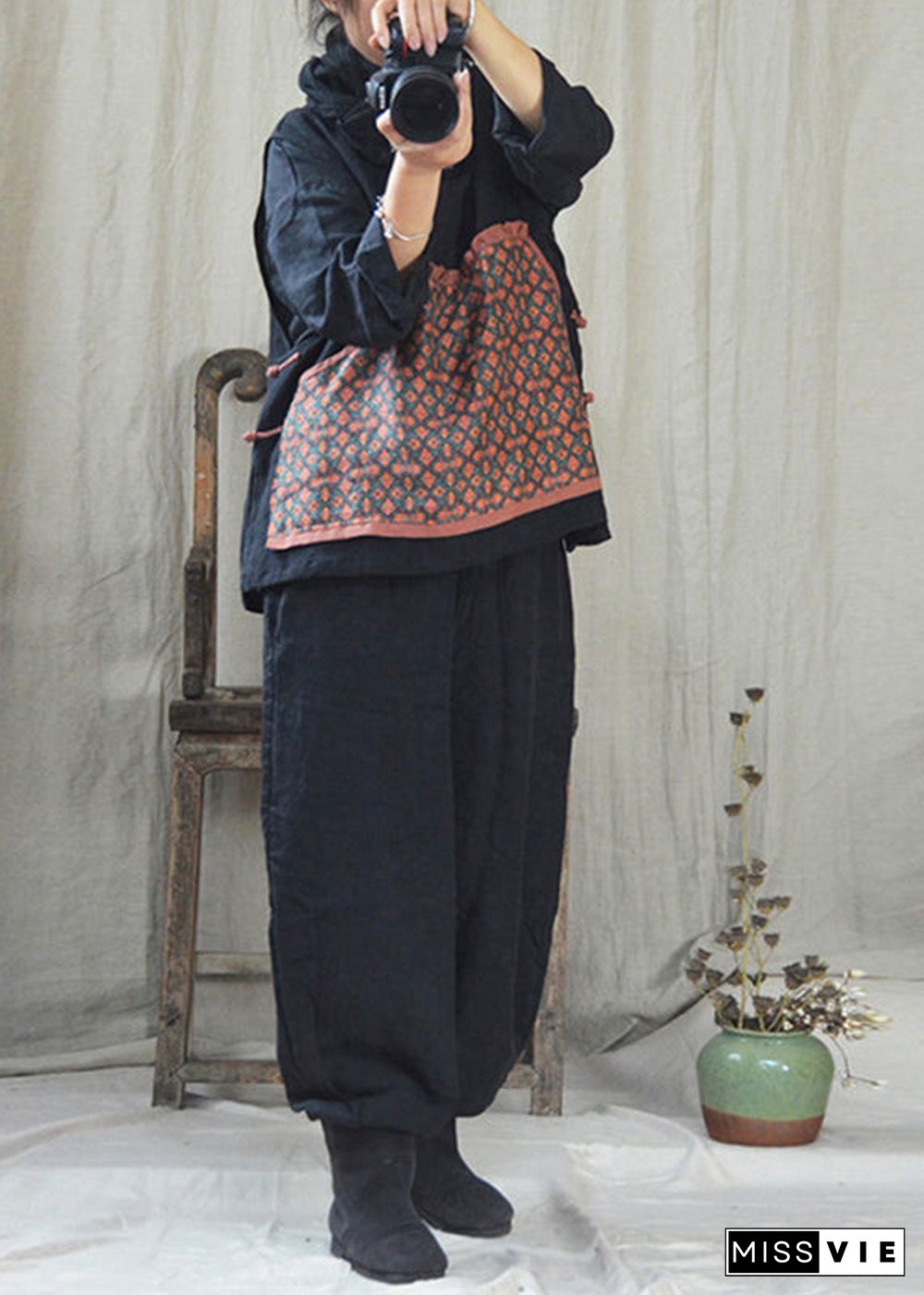 Casual Black O-Neck Print Linen Waistcoat And Pants Two Pieces Set Fall