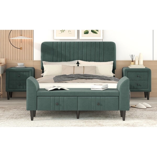 4-Pieces Bedroom Sets Full Size Upholstered Platform Bed with Two Nightstands and Storage Bench - - 38050440