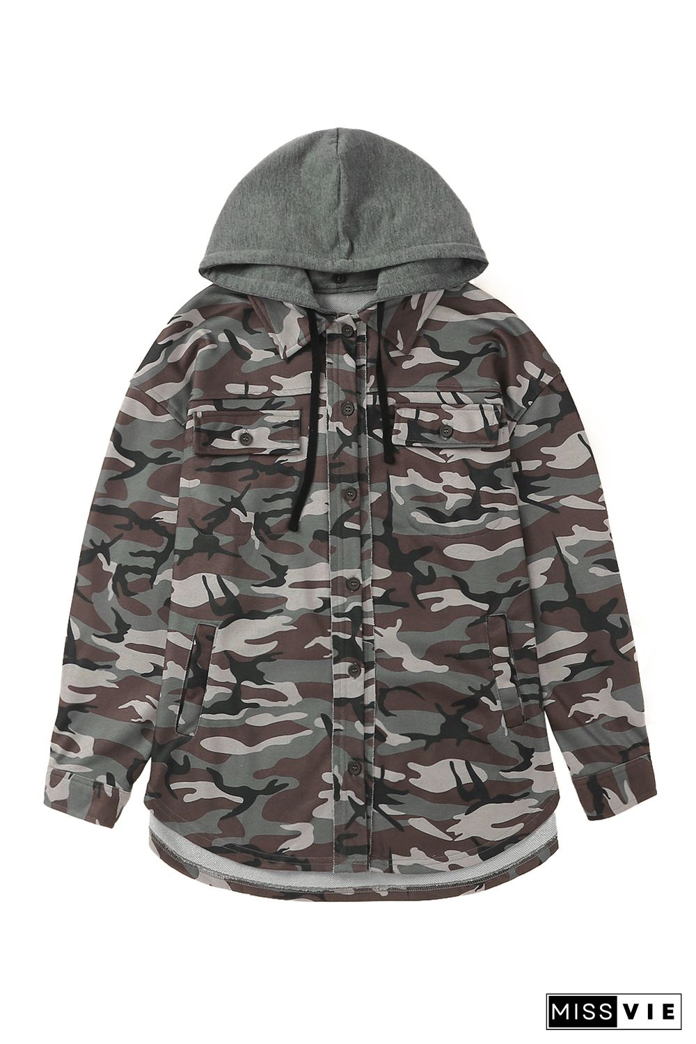 Green Camo Print Button up Hooded Jacket