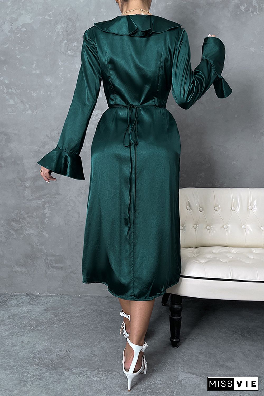 Dark Green V Neck Ruffles Midi Dress