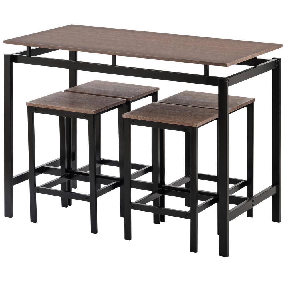 URTR 5-Piece Kitchen Counter Height Table Dining Set Wood Top and Metal Frame Bar Table with 4 Chairs Dark Brown T-01236-P