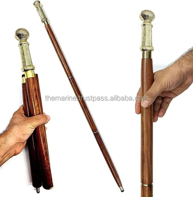 36'' Shiny Brass Long Knob Designer Handle with Natural Wooden Brown Color Shaft 3 pcs Folding Walking Stick For Old Age   Adult