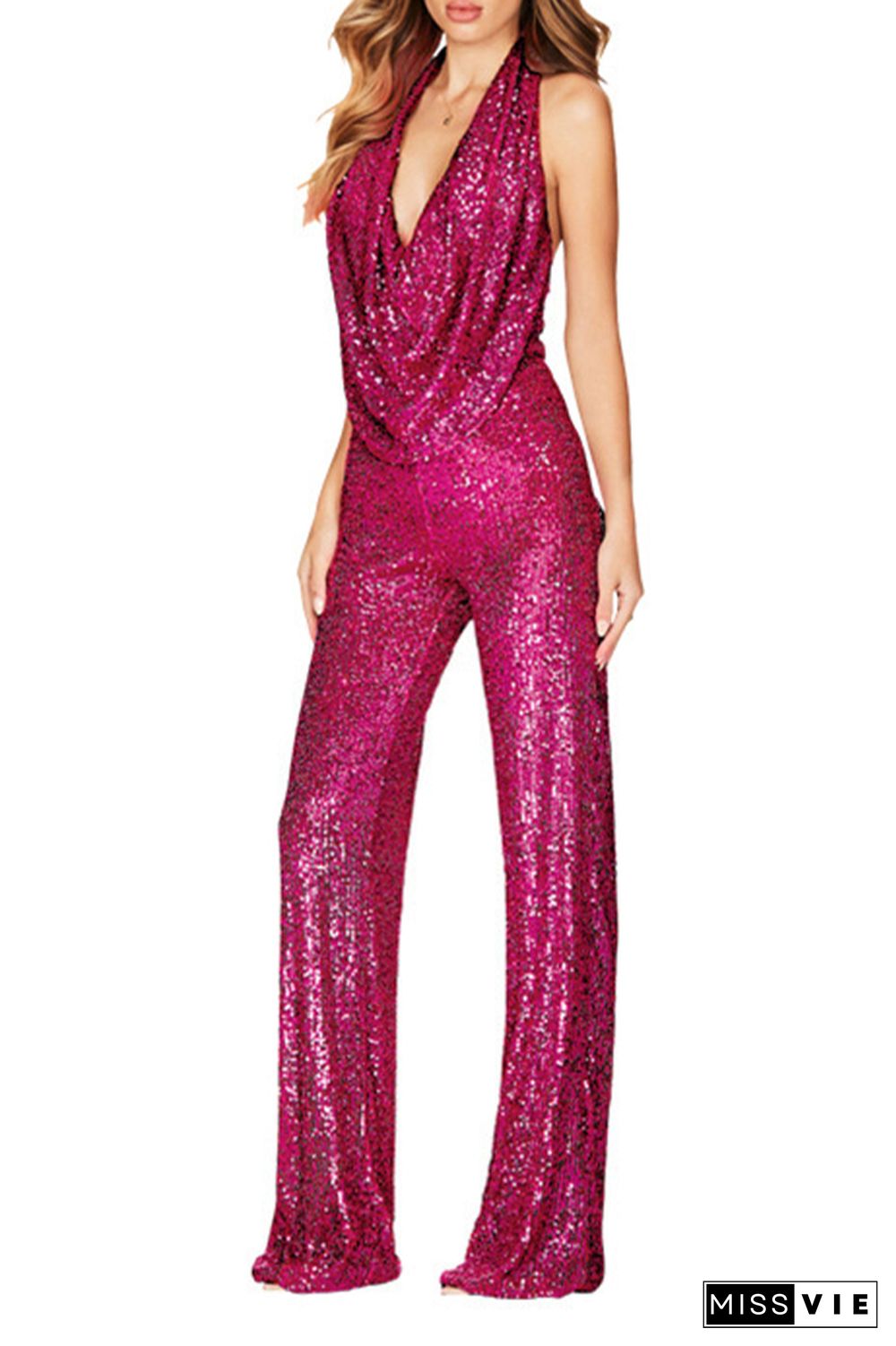 Sleeveless Halter Sequin Glitter One Piece Jumpsuit